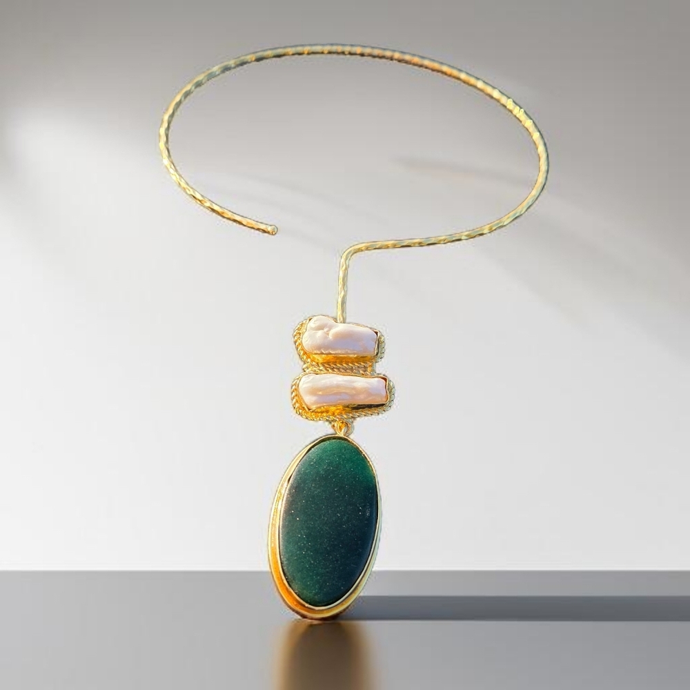 18k Gold Plated Green Adventurine Pyrite Freshwater Pearl Torque Necklace - Picture 3 of 6